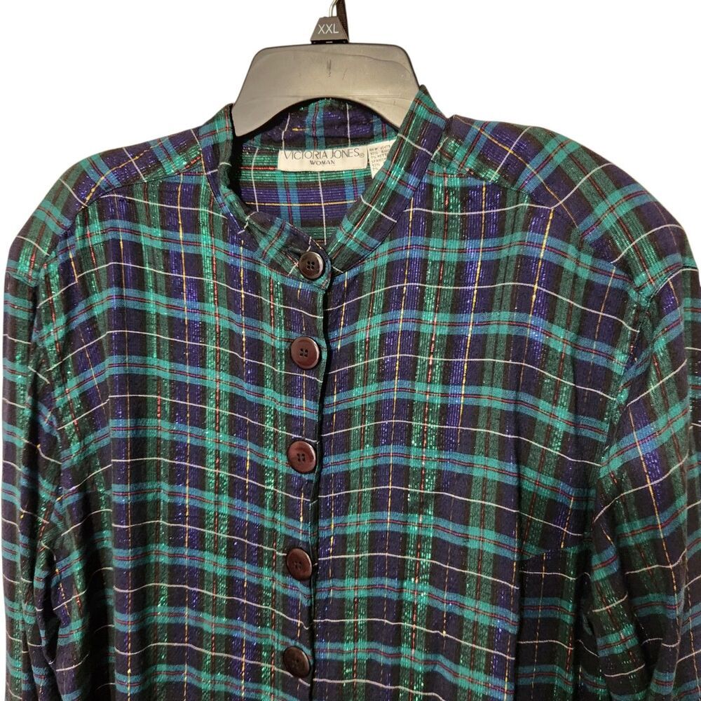 Victoria Jones Tunic Top Size 1X Green Metallic Front Buttons Plaid - Picture 3 of 15